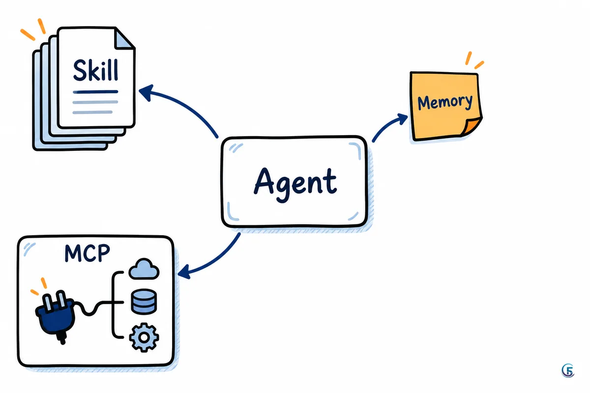 Sơ đồ agent kết nối tới ba thành phần: skill nạp khi cần, memory luôn đính kèm và MCP cắm ra dịch vụ ngoài