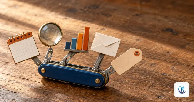 Hình ẩn dụ hermes agent use cases: dao đa năng mở ra với lịch, kính lúp, biểu đồ, phong bì, thẻ giá