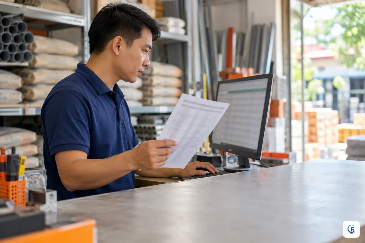 Nhân viên cửa hàng vật liệu xây dựng đối chiếu bảng giá in với bảng tính đơn hàng trên màn hình