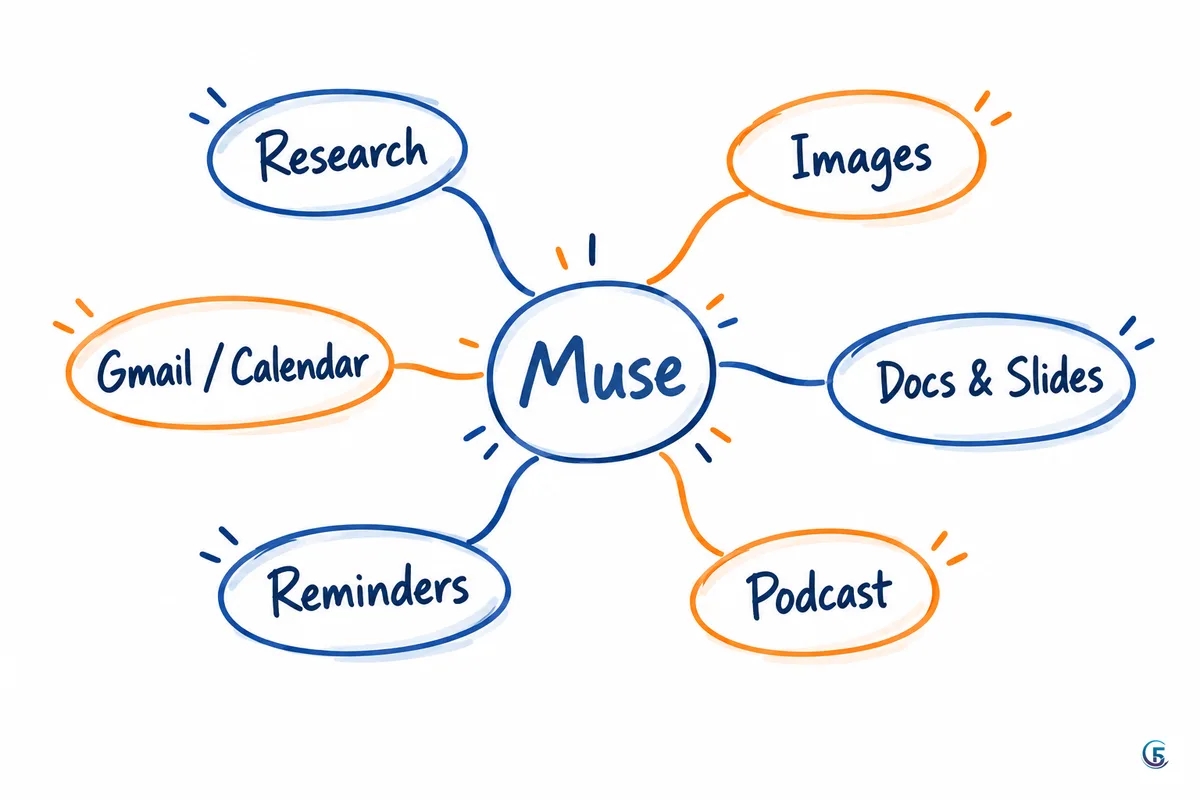 Sơ đồ bảng trắng các nhóm việc Muse làm được: nghiên cứu, ảnh, tài liệu, podcast, nhắc việc, Gmail và lịch