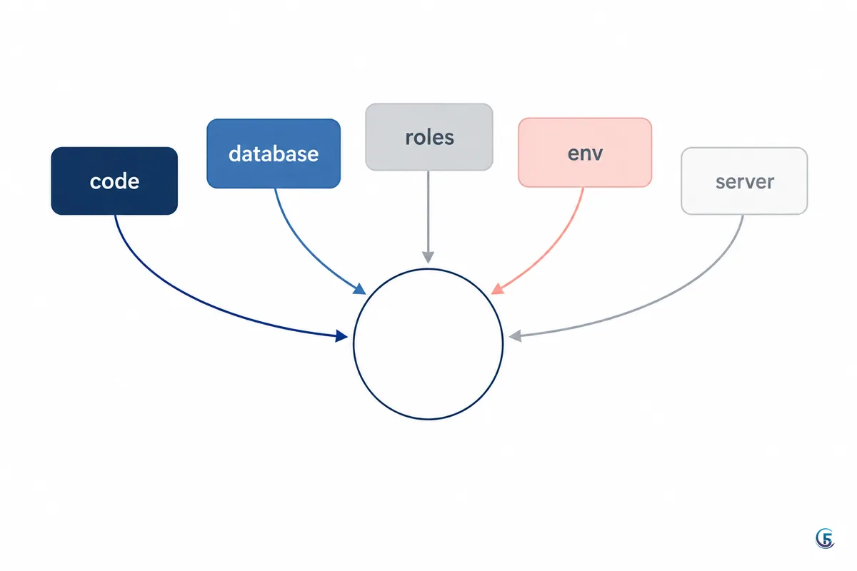Sơ đồ các nguồn gây sự cố web app: code, database, phân quyền, cấu hình và máy chủ