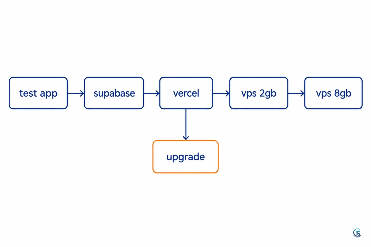 Sơ đồ lộ trình từ chạy thử miễn phí đến khi nâng cấp cấu hình VPS cho người mới