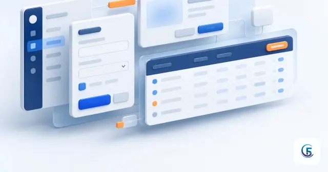 Minh hoạ shadcn/ui là gì: các component giao diện web app như nút, form, bảng dữ liệu xếp thành khối