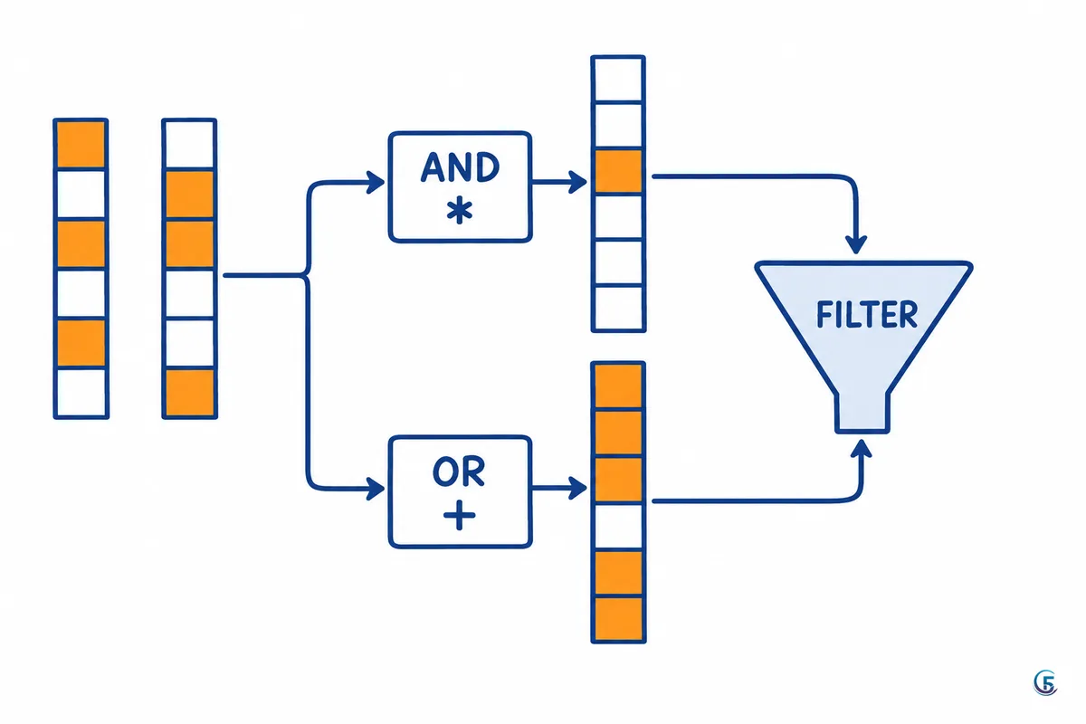 Sơ đồ ghép hai điều kiện: nhân cho VÀ, cộng cho HOẶC, đưa vào phễu FILTER