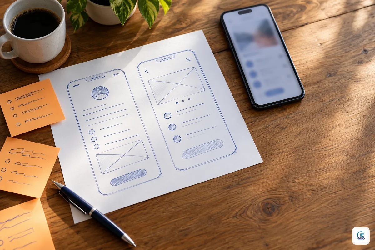 Bản phác thảo giấy hai màn hình app và giấy note liệt kê các trường dữ liệu bên cạnh điện thoại
