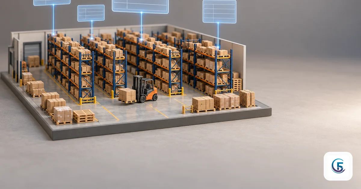 Mô hình kho thu nhỏ với kệ hàng, pallet và xe nâng, các khối bảng dữ liệu nổi phía trên minh hoạ thiết kế database quản lý kho