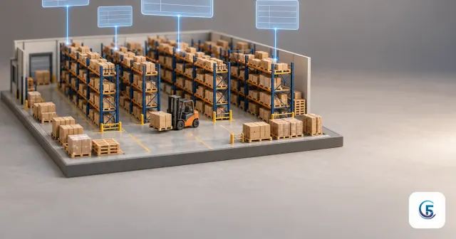 Mô hình kho thu nhỏ với kệ hàng, pallet và xe nâng, các khối bảng dữ liệu nổi phía trên minh hoạ thiết kế database quản lý kho