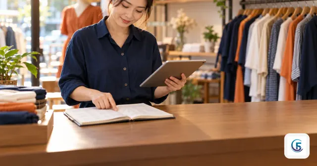 Chủ cửa hàng thời trang đối chiếu sổ bán hàng viết tay với máy tính bảng, minh hoạ bài hàm trong Google Sheet