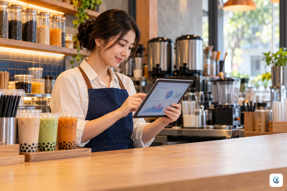 Chủ cửa hàng trà sữa xem bảng báo cáo chi phí AI trên máy tính bảng tại quầy