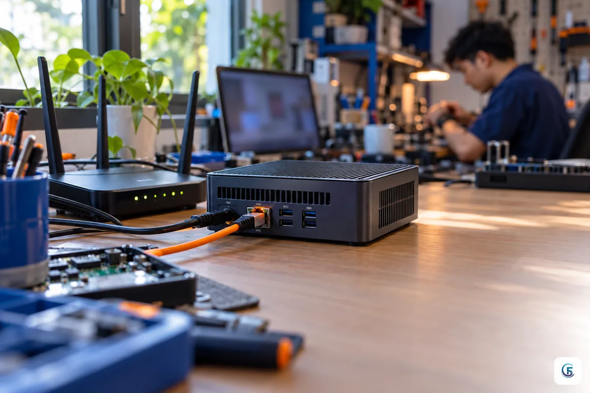 Mini PC nhỏ đặt trên bàn văn phòng với dây điện và dây mạng cắm vào