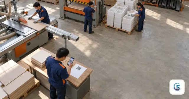 Xưởng dùng phần mềm quản lý sản xuất: tổ trưởng quét mã QR trên lệnh sản xuất bằng điện thoại giữa xưởng ván và thép