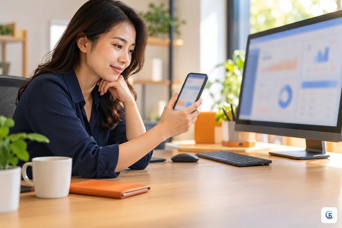 Chủ doanh nghiệp nhỏ xem web app quản lý nhân viên trên điện thoại và máy tính
