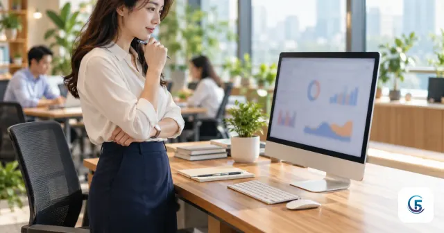 Tìm hiểu 1Office là gì: trưởng phòng nhân sự xem bảng chấm công mờ trên màn hình tại văn phòng