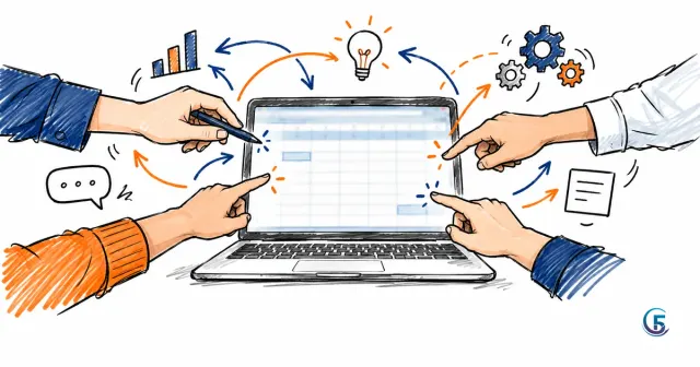 Phác thảo nhiều bàn tay cùng chỉ vào một bảng tính trên laptop, minh hoạ nhiều người cùng sửa file excel