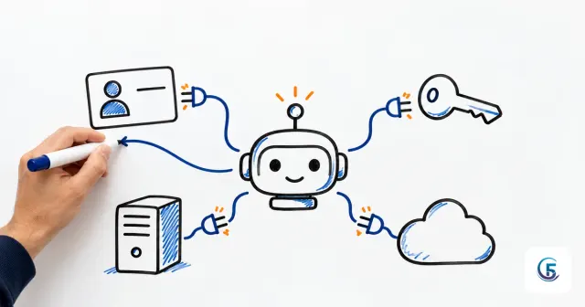Sơ đồ bảng trắng minh hoạ hermes agent chatgpt: đầu robot nối tới thẻ thành viên, chìa khoá, máy chủ nhỏ và đám mây