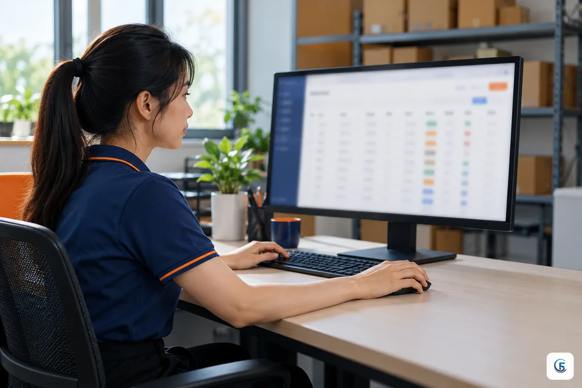 Nhân viên văn phòng xem giao diện web app quản lý đơn hàng có bảng dữ liệu và thanh menu bên trái