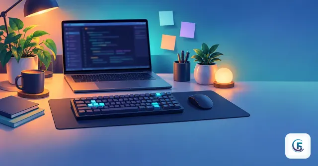 Bàn làm việc gọn gàng với laptop mở cửa sổ terminal, minh hoạ mẹo dùng Claude Code