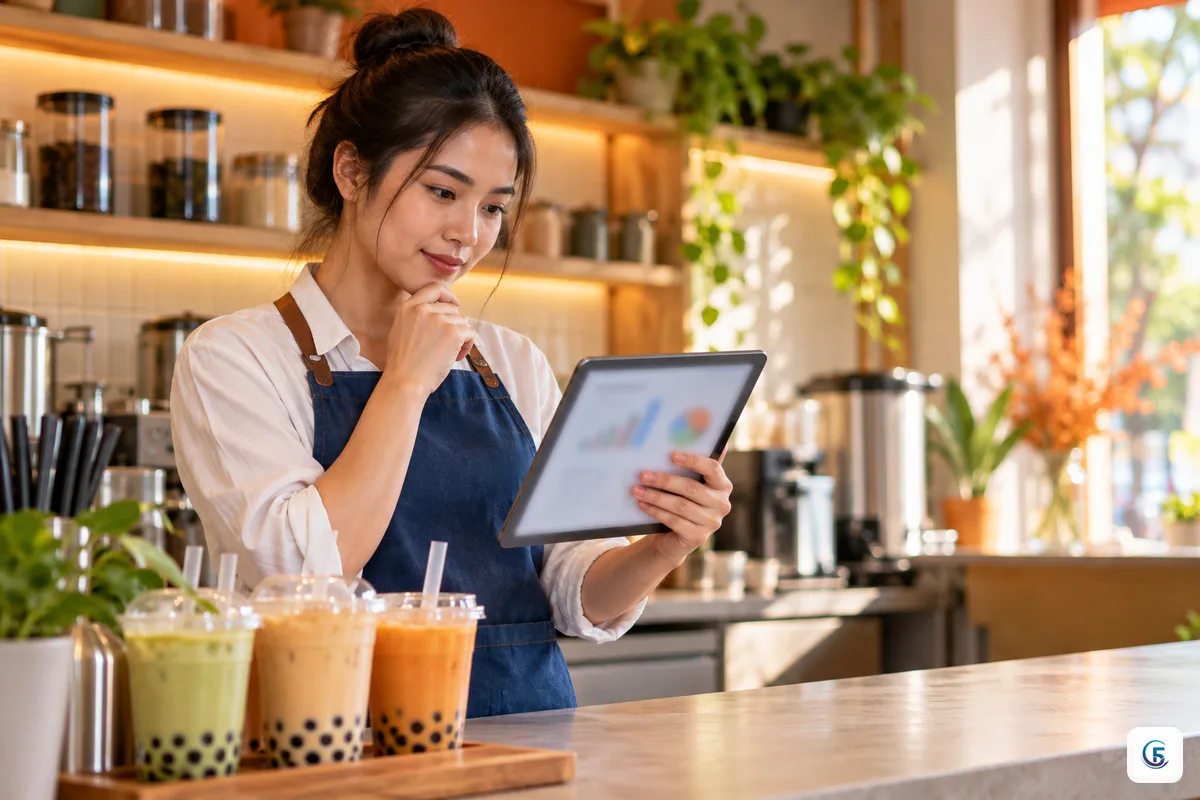 Chủ chuỗi cửa hàng trà sữa xem biểu đồ doanh thu theo giờ trên máy tính bảng
