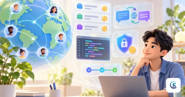Người làm web app bằng AI ngồi trước laptop nhận việc từ khách hàng nước ngoài trên sàn Upwork