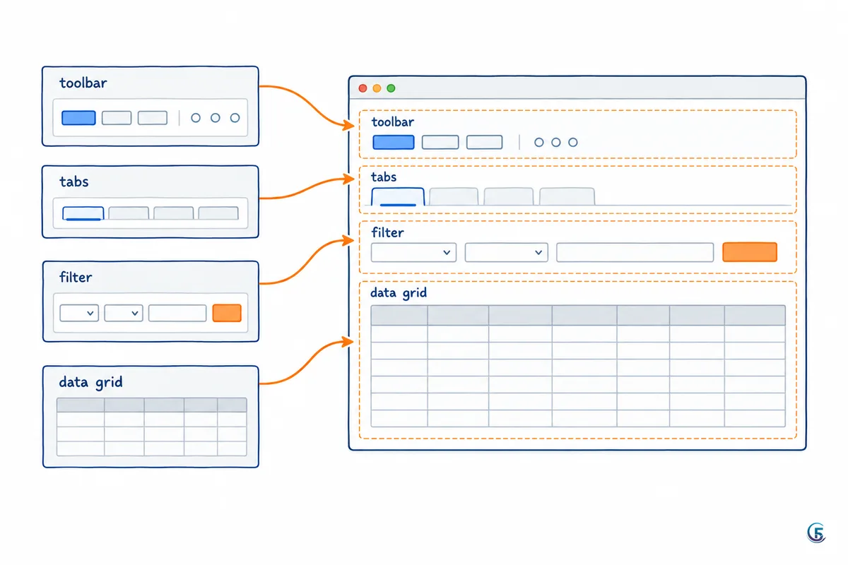 Sơ đồ trang danh sách List view gồm thanh công cụ, data grid và bộ lọc