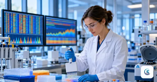 Phòng lab sinh học phân tử nơi Claude nghiên cứu khoa học cùng nhà sinh học: màn hình dữ liệu gen và mẫu thí nghiệm trên bàn lab