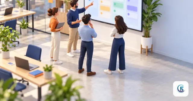 Nhóm nhân viên trao đổi trước màn hình lớn hiển thị bảng Kanban — minh hoạ phần mềm quản lý công việc cho công ty nhỏ