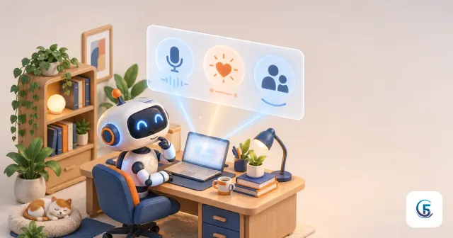 Minh hoạ Hermes Agent SOUL.md: robot nhỏ ngồi bàn làm việc, phiếu mô tả tính cách trong suốt lơ lửng phía trên