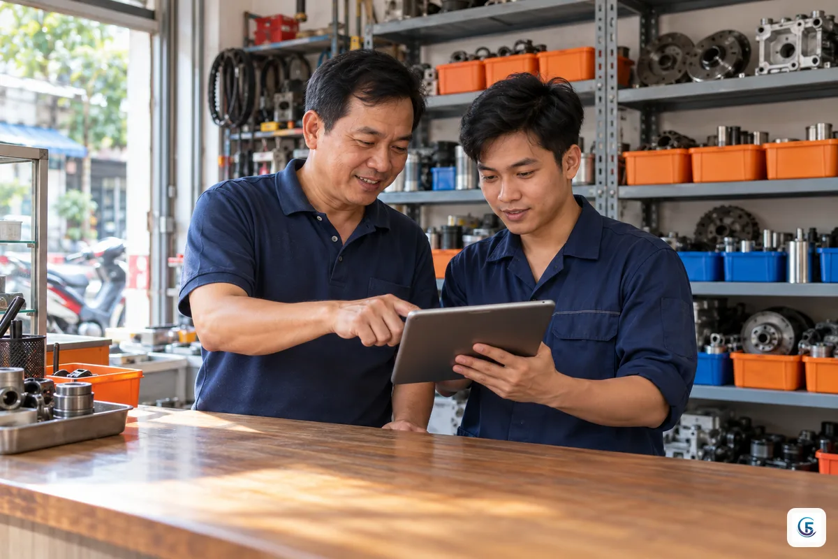 Chủ cửa hàng và nhân viên cùng xem thử bản mẫu webapp trên máy tính bảng
