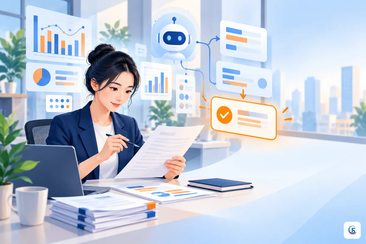 Nhân viên doanh nghiệp Việt kiểm tra tài liệu và dữ liệu cùng trợ lý AI