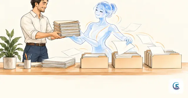 Nhân viên văn phòng giao chồng thư mục cho trợ lý AI sắp xếp tài liệu, minh hoạ claude cowork là gì
