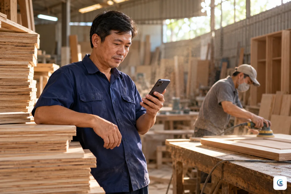Quản đốc xưởng nội thất Việt Nam cầm điện thoại xem thông tin tiến độ ngay tại khu sản xuất