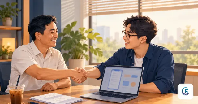 Chủ doanh nghiệp bắt tay người làm phần mềm khi thuê làm app quản lý, trên bàn có laptop và bản mô tả yêu cầu