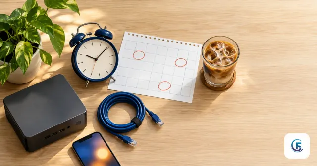 Bàn làm việc nhìn từ trên xuống với đồng hồ báo thức, tờ lịch và mini-PC minh hoạ hermes agent cron hẹn giờ báo cáo