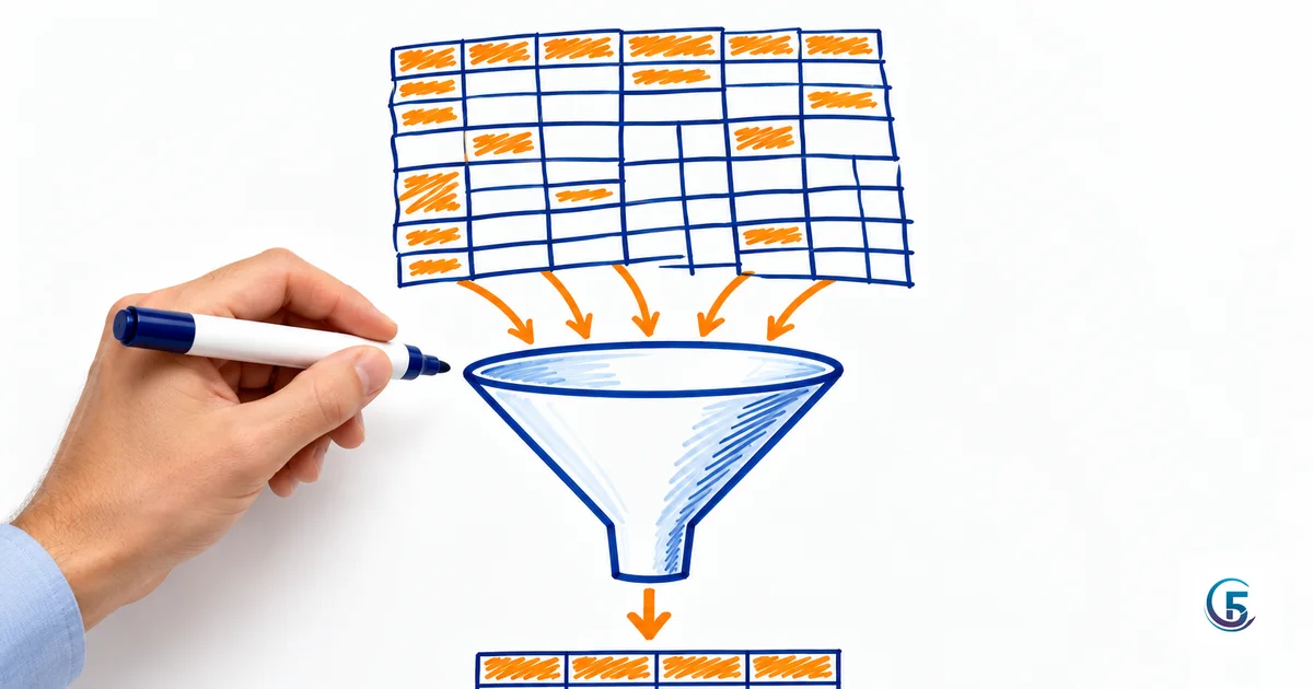 Sơ đồ phễu minh hoạ hàm query google sheet: bảng dữ liệu lộn xộn đổ vào, bảng tổng hợp gọn gàng đi ra
