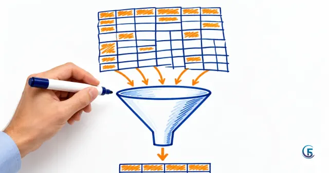 Sơ đồ phễu minh hoạ hàm query google sheet: bảng dữ liệu lộn xộn đổ vào, bảng tổng hợp gọn gàng đi ra