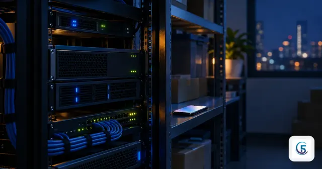 Máy chủ rack nhỏ trong phòng kho văn phòng ban đêm, minh hoạ hermes agent vps chạy 24/7 với đèn trạng thái xanh